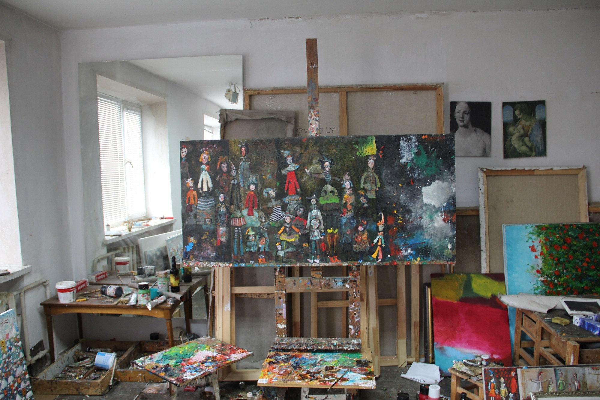 Paintings and materials in Temo Svirely’s workshop in Kyiv